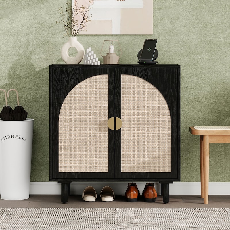 Roomfitters Modern 2 Door Accent Cabinet with Rattan Doors, Storage Sideboard for Living Room, Bedroom, Study, Black