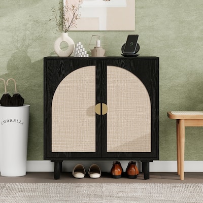 Roomfitters Modern 2 Door Accent Cabinet with Rattan Doors, Storage Sideboard for Living Room, Bedroom, Study, Black