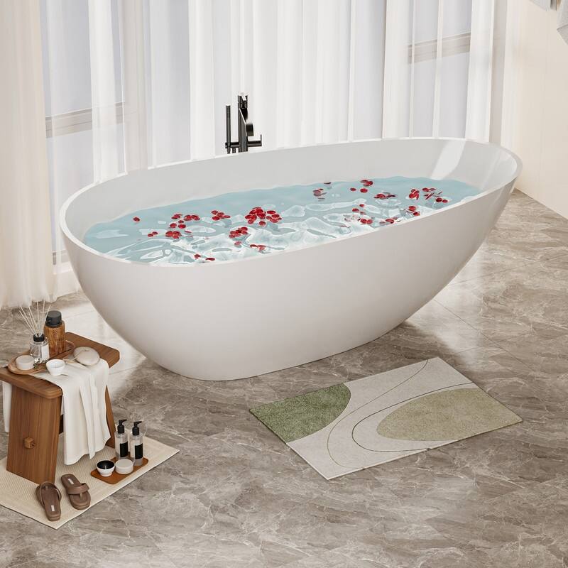 ABRUZZO 59" x 31" Freestanding Solid Surface Soaking Bathtub with Overflow and Drain in Glossy White