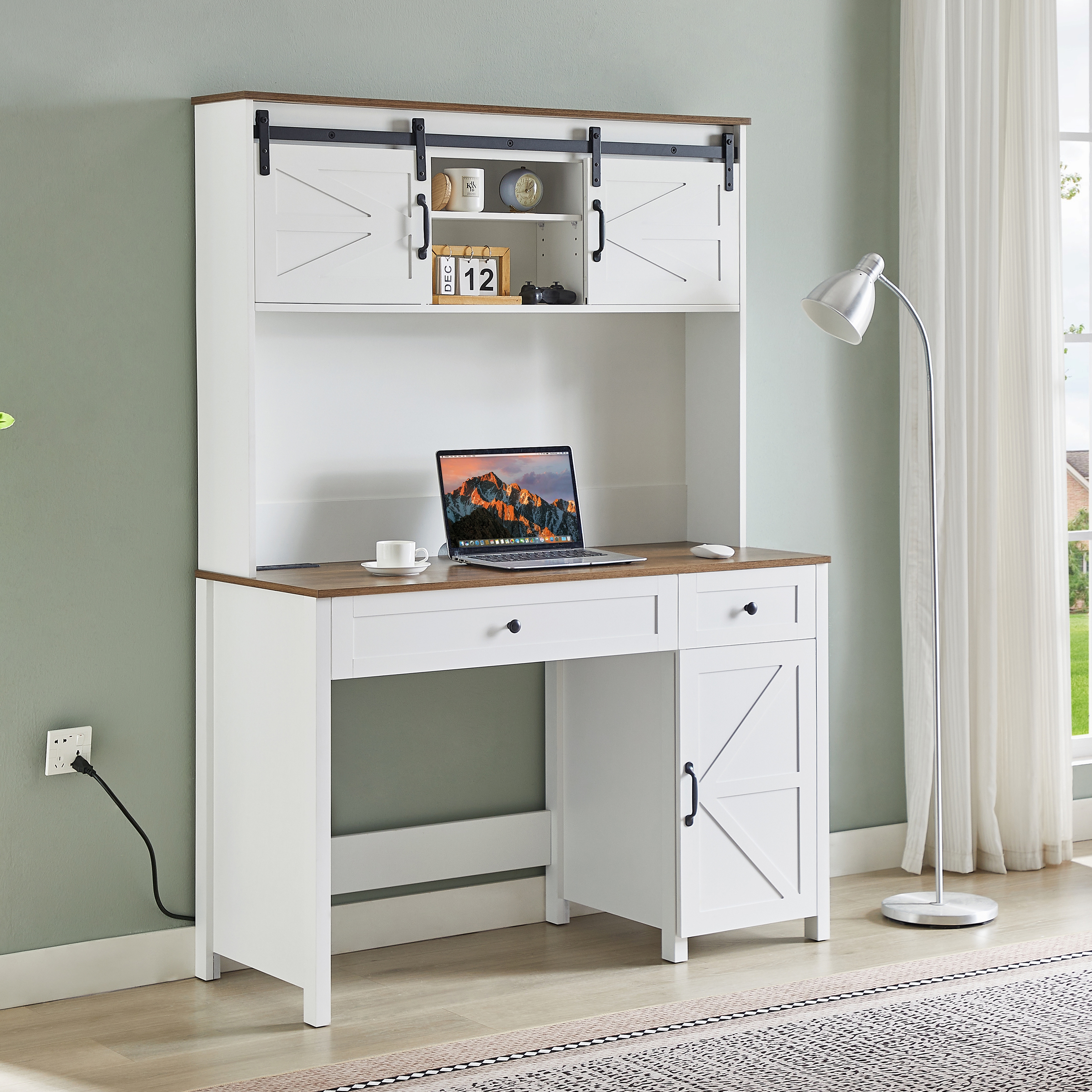 47 Farmhouse Executive Desk with Barn Door Storage Cabinets Computer Desk Home Office Writing Desk with Charging Station Bed Bath Beyond 42299830