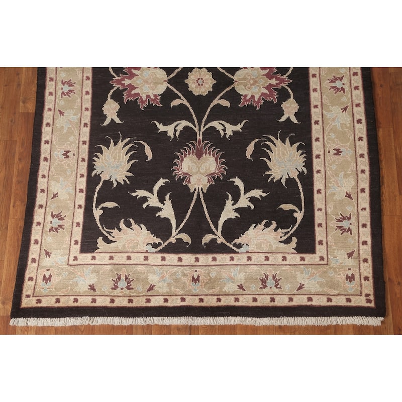 Black Floral Oushak Oriental Area Rug Hand-Knotted Wool Carpet - 5'5" x 7'9"