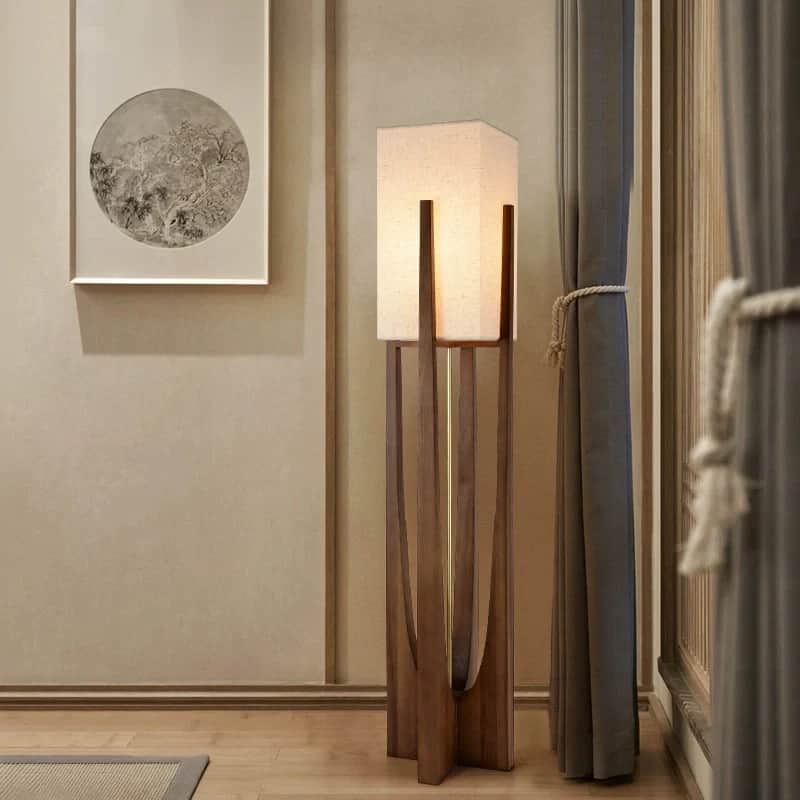 Solid Wood Modern Floor Lamp with Fabric Shade - Dark Wood