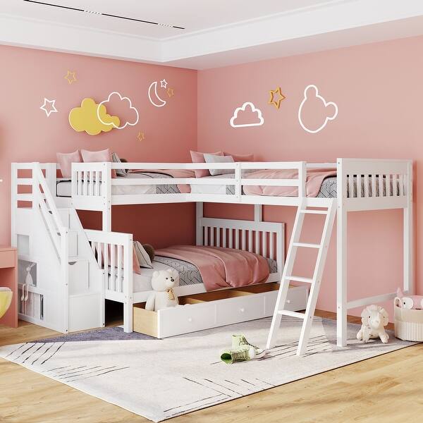 slide 2 of 46, Maximized space Twin over Full L-Shaped Bunk Bed Kids Bed With 3 Drawers, Ladder and Staircase White