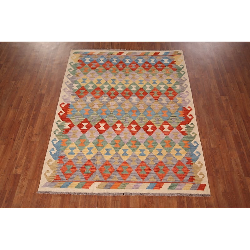 Geometric Kilim Oriental Area Rug Hand-Woven Wool Carpet - 5'2"x 6'6"