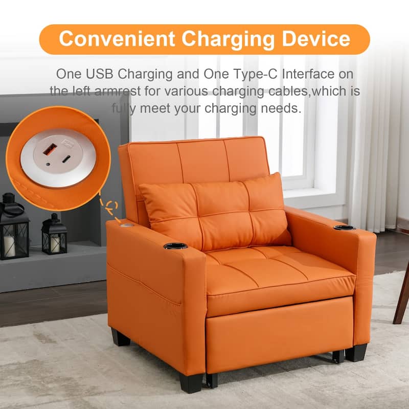 3-in-1 Pull out Convertible Futon Sleeper Armchair Beds with USB Ports