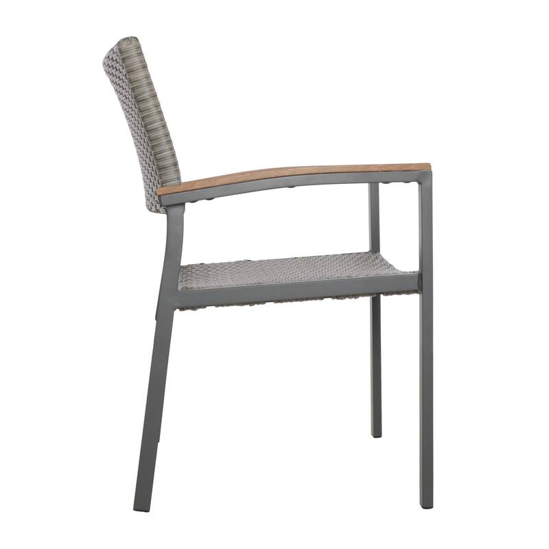 Outdoor Dining Chair Set of 2, Mesh Seat, Gray Rattan and Brown Faux Wood