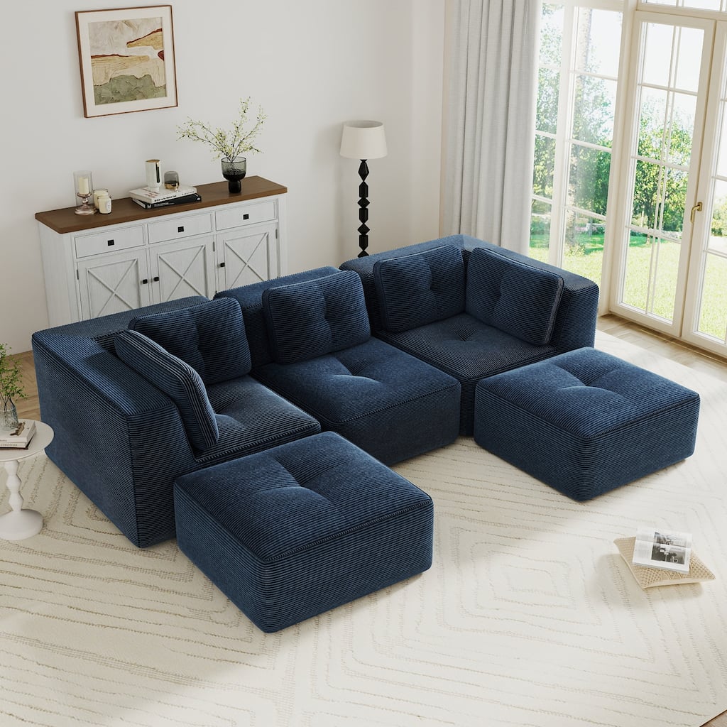 Roomfitters 5-Piece Modular Sectional Sofa Set with Ottomans, Corduroy U-Shape Upholstered Couch