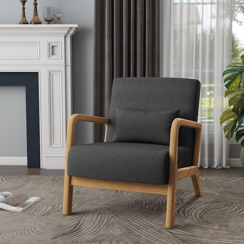 Mid Century Modern Upholstered Accent Chair with Pillow - Dark Grey/Linen/Natural Wood