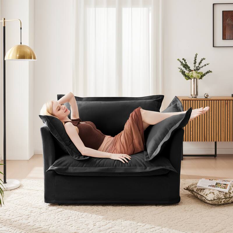 Slip-covered Armchair with Cushions, Chenille Fabric, Black - Multi-Color