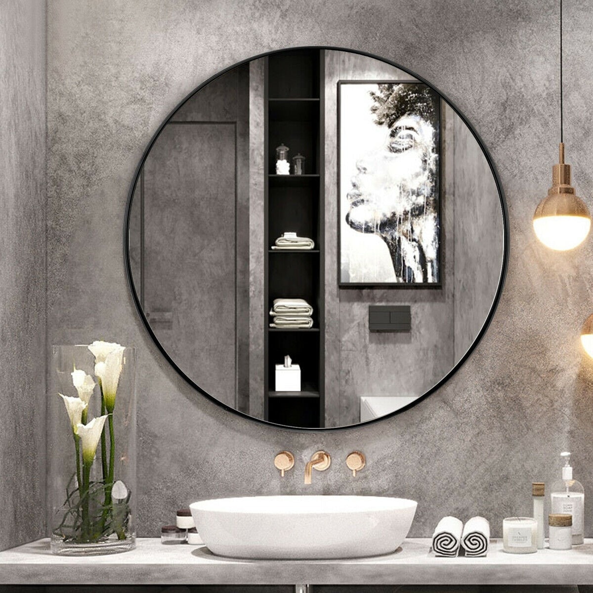 USHOWER 30 inch Black Round Mirror for Wall, Metal Frame Large Circle Mirror for Bathroom, Bedroom, Living Room and Entryway