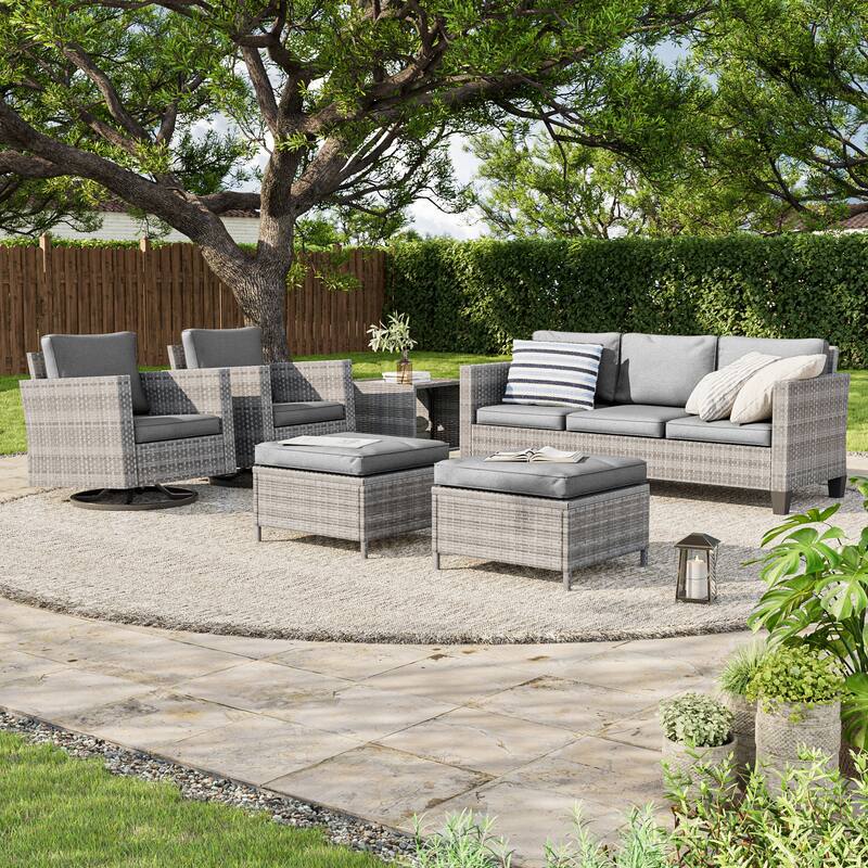 LIVOOSUN Patio 6Pcs Furniture Conversation Gray Rattan Swivel Rocking Sofa Set - Gray/Gray