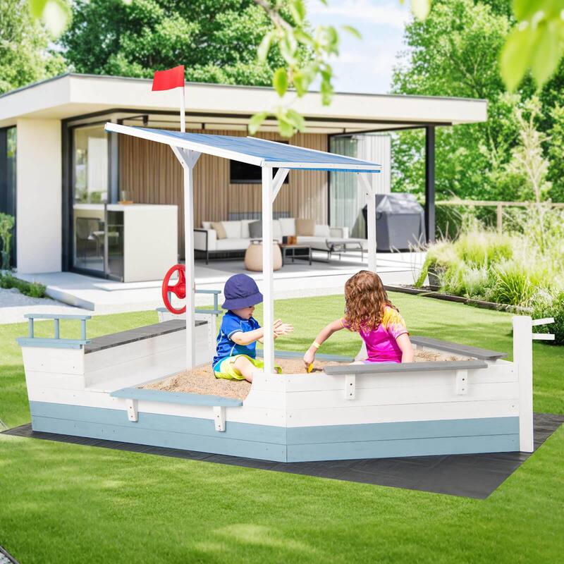 Costway Fir Wood Sandbox with Sloping Canopy Liner Multiple Seats - See Details