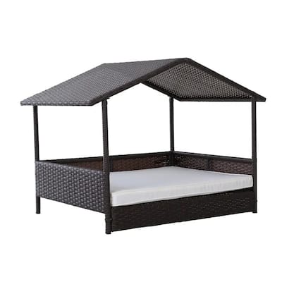 Espresso Wicker Weather Resistant Raised Dog Bed House with 2 in Thick Cushion - 38.5 inches L x 27.25 inches W x 28.75 inches H