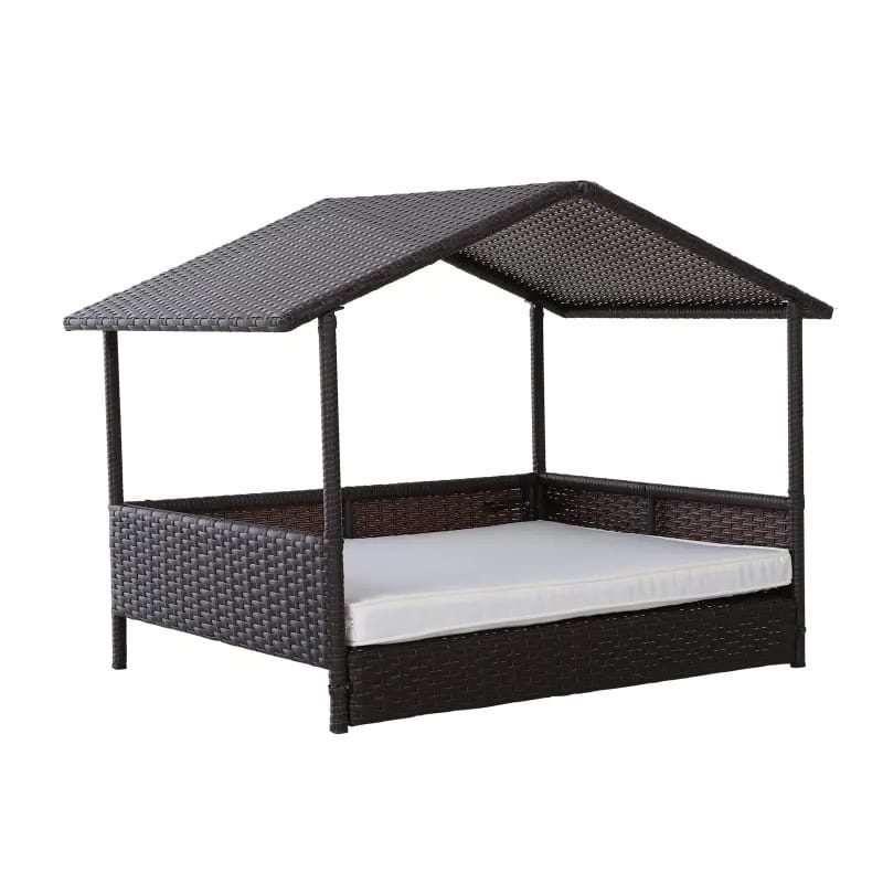 Espresso Wicker Weather Resistant Raised Dog Bed House with 2 in Thick Cushion - 38.5 inches L x 27.25 inches W x 28.75 inches H
