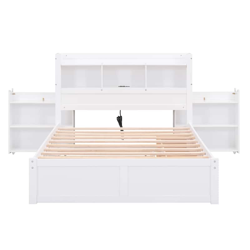 Full Size Storage Platform Bed with Pull Out Shelves, Twin Size Trundle and 2 Drawers, White