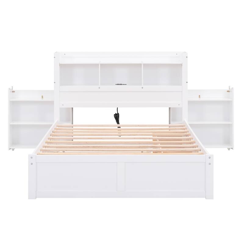 Full Size Storage Platform Bed with Pull Out Shelves, Twin Trundle, and 2 Drawers in White