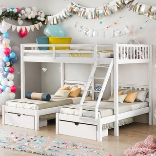 Modern Full Over Twin&Twin Bunk Bed,Wood Triple Bunk Bed With Drawers And Guardrails,Solid Construction