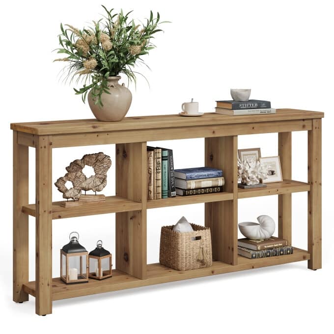 63-Inch Entryway Table with Adjustable Shelf, Solid Wood Console Table