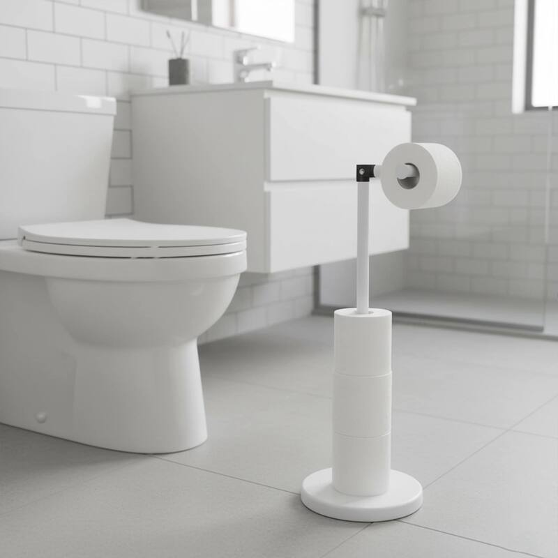 Sleek Toilet Paper Holder with Folding Arm and Reserve Compact Freestanding Metal Holder - Diameter 8 inches X 22" H