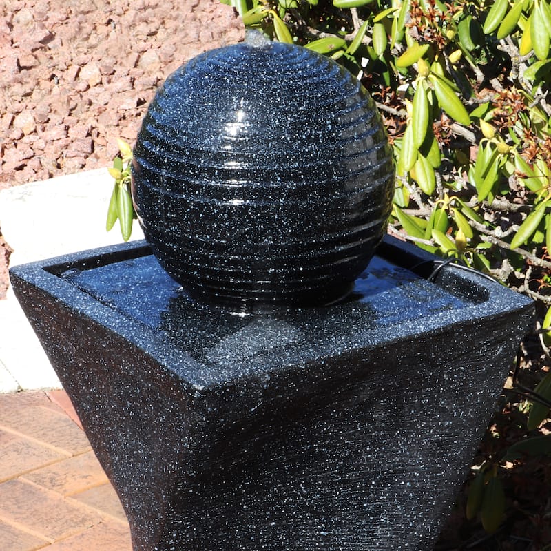 Black Ball Solar Outdoor Water Fountain with Battery - 32" with LED