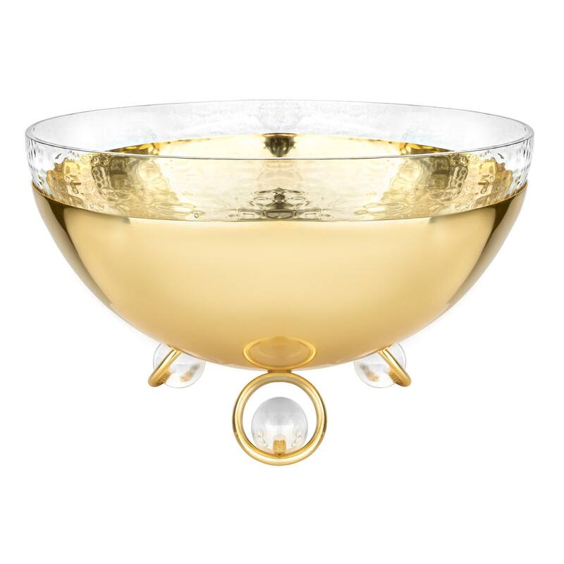 Salad Bowl with Glass Insert Gold and Clear Ball Legs - 11"D - Gold