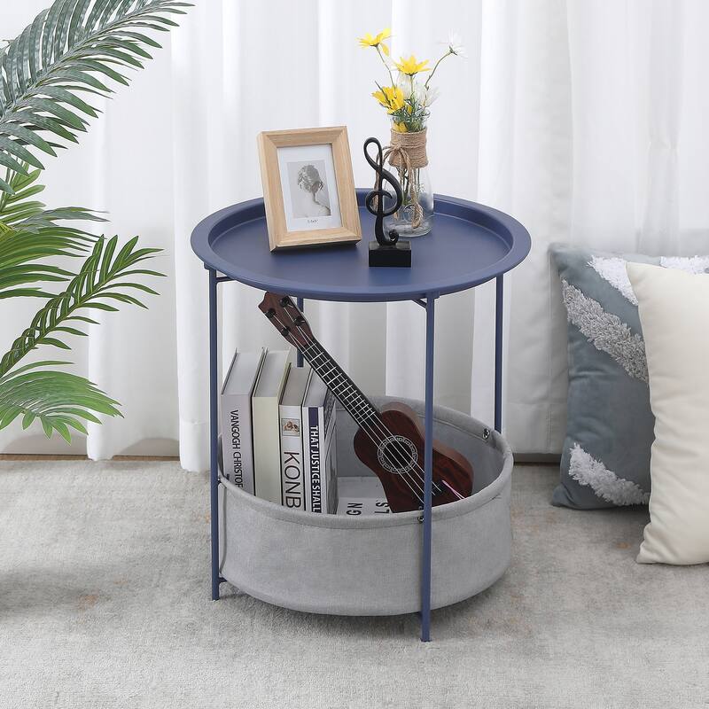 VECELO Small Round Side Table with Removable Tray & Fabric Storage Bin Easy 5-Min Assembly for Living Room Bedroom