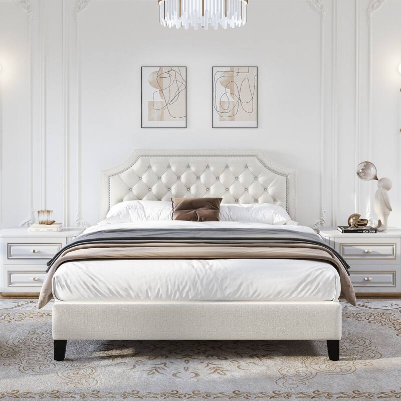Moasis Button-Tufted Linen Upholstered Platform Bed with Adjustable Headboard