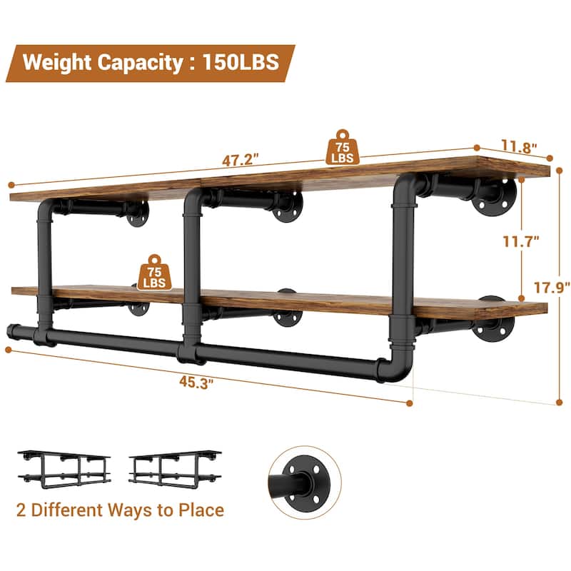 Floating Pipe Heavy-Duty Garment Rack, Wall-Mounted Closet Organizer with Storage Shelves