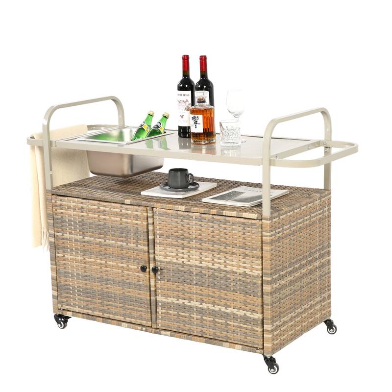 Outdoor Wicker Bar Cart with Steel Top, Ice Bucket,Lockable Wheels