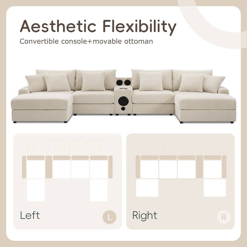 U-Shaped Cloud Corduroy Sectional Sofa with Console, Cup Holders, Bluetooth Speakers, Charging, Storage Ottoman, Deep Seats Sofa