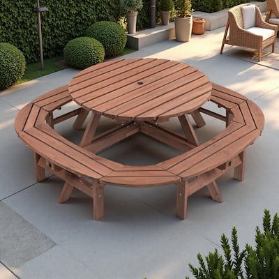 10-12 Person Outdoor Patio Fir Wood Round Picnic Dining Set with Built-in Benches and Umbrella Hole
