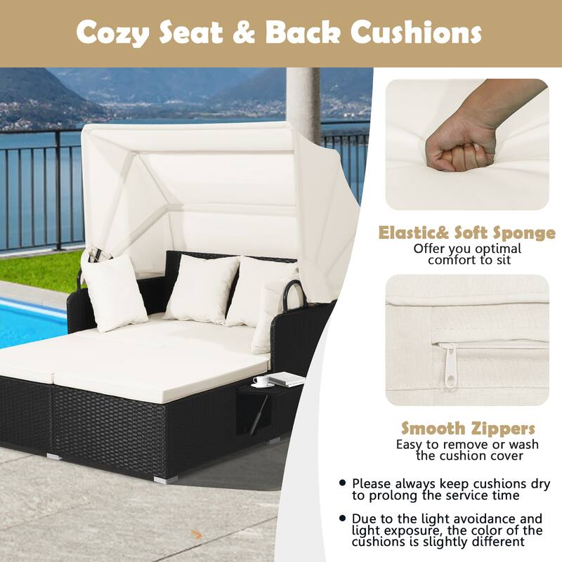 Costway Patio Rattan Daybed Lounge Retractable Top Canopy Side Tables - See Details