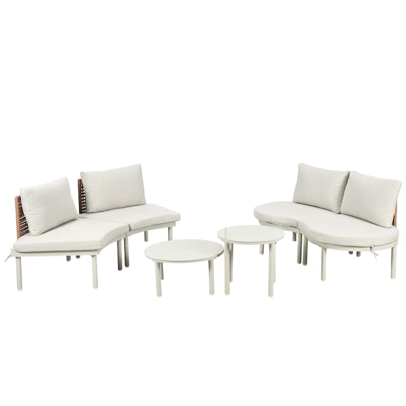 6-Piece Patio Sofa Set,Half Moon Sectional Sofa with 2 High-Low Coffee Tables,PE Wicker Rattan,4 Pillows & Cushions