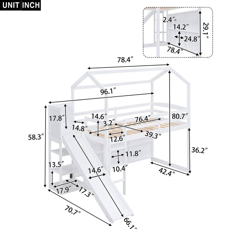 Wood House Loft Bed with Slide,Storage Shelves,Climbing Ramp and Light