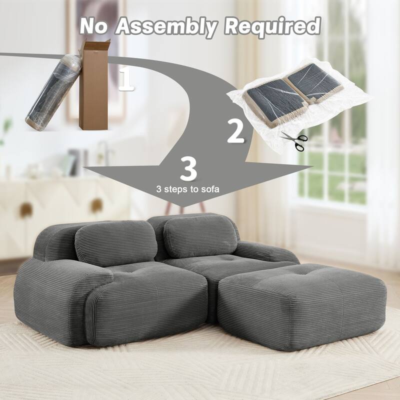 Rossetta 82'' Simplified Anti-Slip Style L-shaped Premium Corduroy Fabric Modular Loveseat Sofa with Curved Armrests, 1 Ottoman