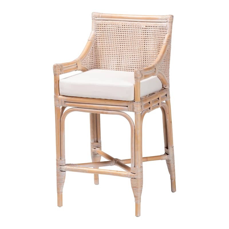 Allen Natural Rattan Counter Stool - Handwoven Wicker Stool with Lattice Back and Removable Cushion, Counter Height Seating - Whitewash Brown