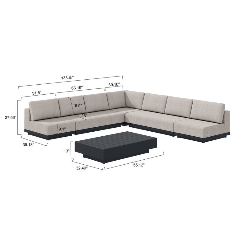 Oslo Aluminum Outdoor Upholstered Sectional Lounge Set- 6-Piece