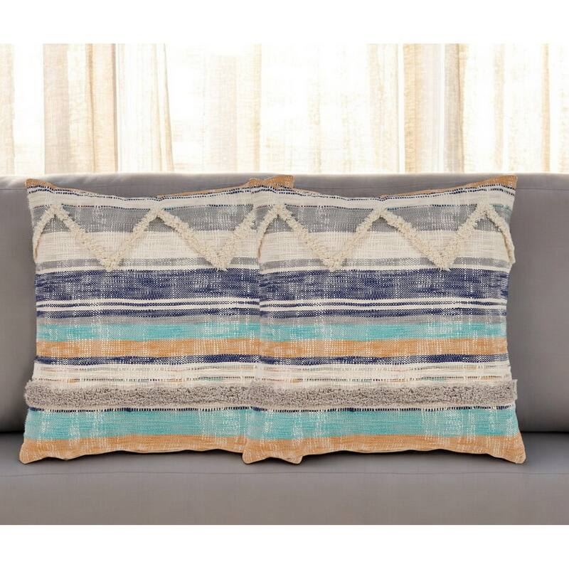Set of Two Blue Striped Cotton Throw Pillow With Fringe - Blue