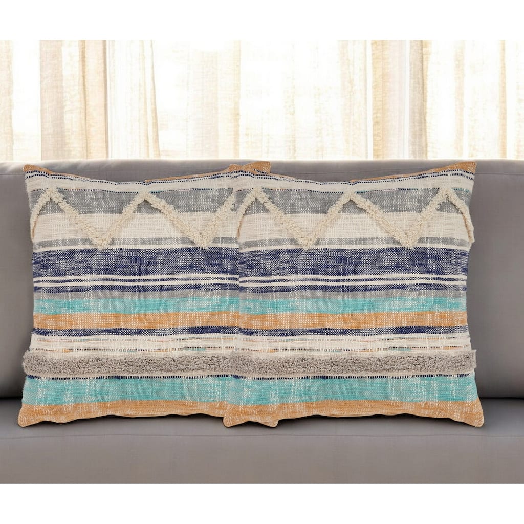 Set of Two Blue Striped Cotton Throw Pillow With Fringe