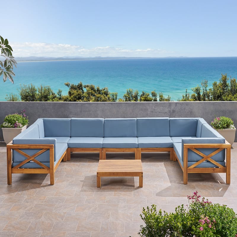 Brava Acacia Wood Sectional Sofa Set by Christopher Knight Home - Teak Finish/Blue