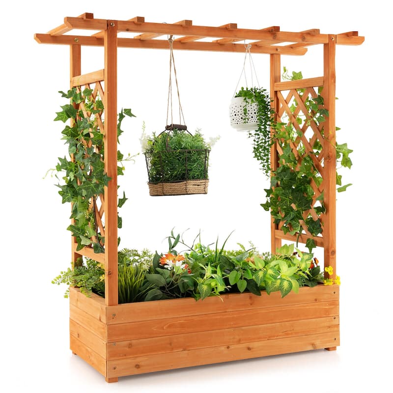 Gymax Raised Garden Bed Planter Box w/ Side & Top Trellis for Vine
