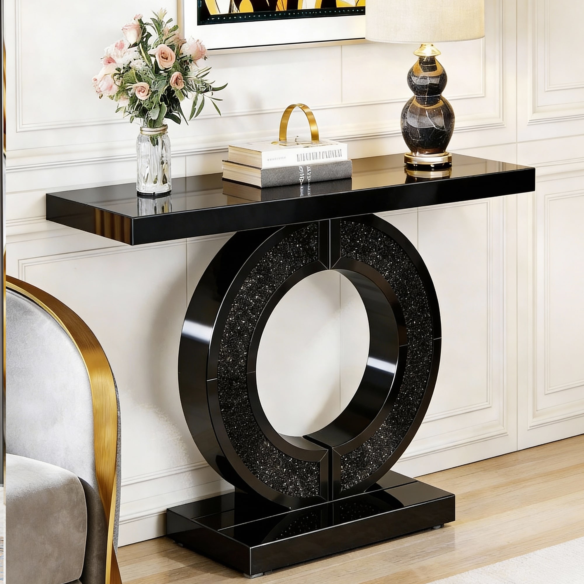 Black O Shaped Mirrored Console Table with Crystal Entryway Table