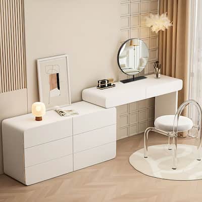 Deluxe Solid Wood White Dresser Set Expandable Sideboard Vanity and Stylish Acrylic Stool 6 Drawers