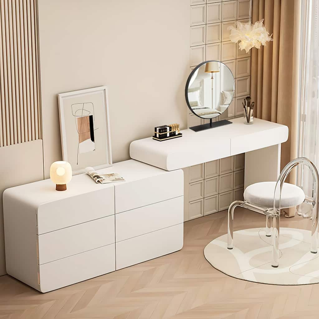 Deluxe Solid Wood White Dresser Set Expandable Sideboard Vanity and Stylish Acrylic Stool 6 Drawers