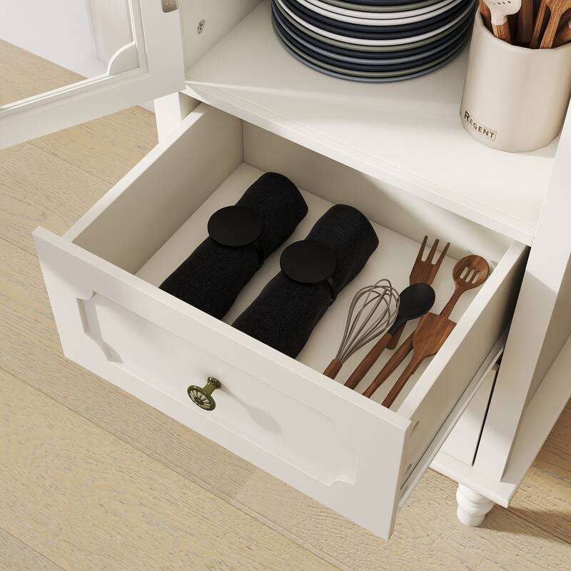 Buffet Cabinet with Glass Doors & 2 Drawers, Multi-Functional Wooden Storage Cabinet, Accent Cabinet with Solid Wood Legs