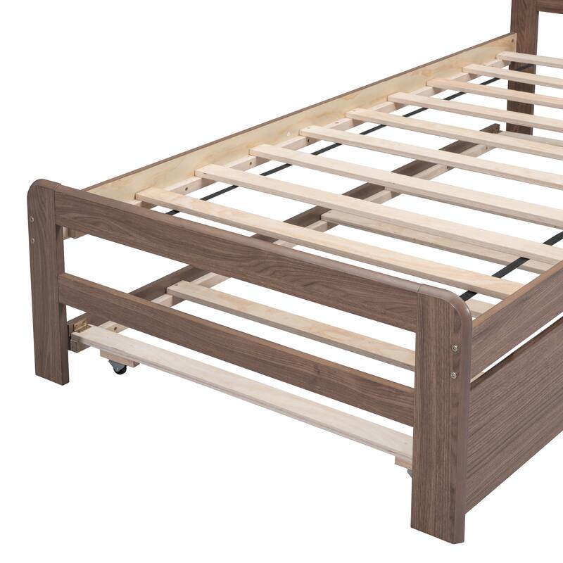 Brown Wood Twin Size Platform Bed Frame with Trundle, Rubberwood & Plywood Construction, Modern Design, Space-saving