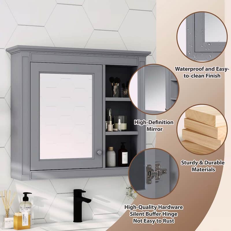 30'' x 28'' Wall Mounted Bathroom Storage Cabinet with Mirror,Modern Design,3 Open Shelves,Space-Saving and Stylish