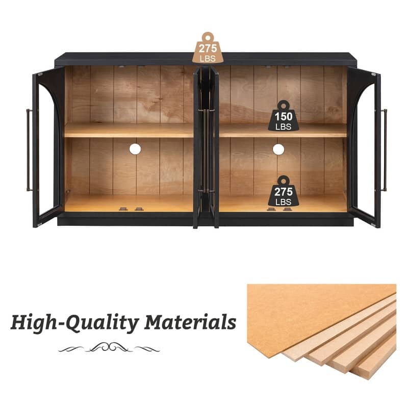 Retro Style Wood Buffet Sideboard with 4 Arched Glass Doors, Kitchen Storage Side Cabinet with Adjustable Shelves