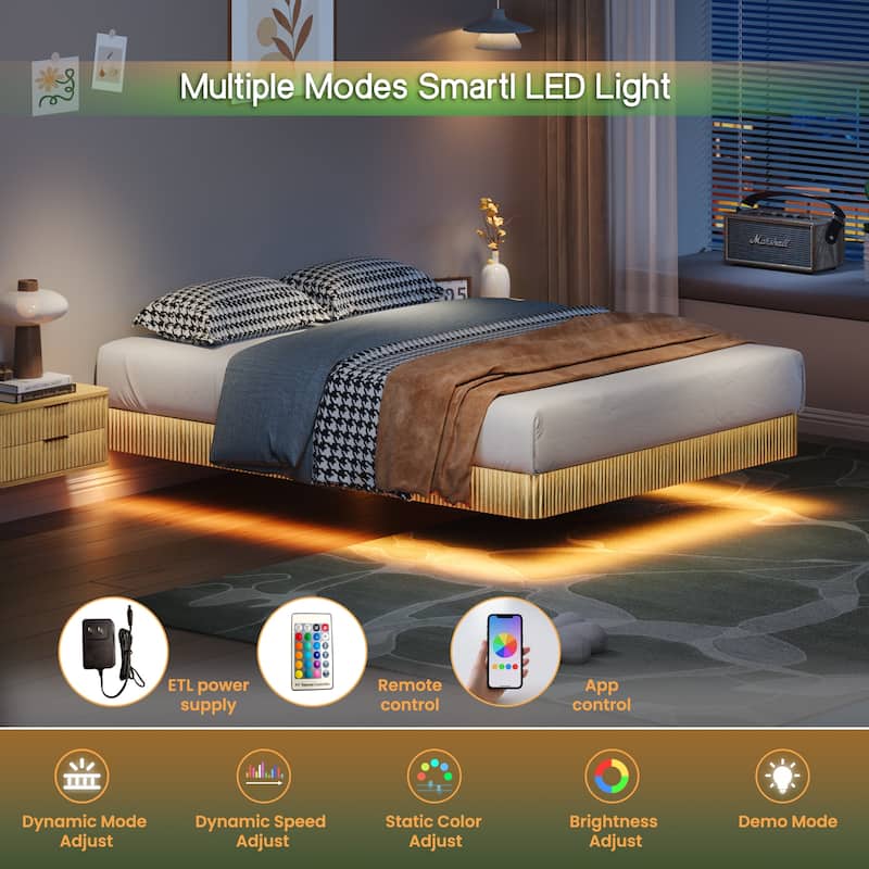 Modern Floating Bed Platform - LED Ambient Lighting with Wave-Pattern Wood Veneer & Reinforced Steel Slat System‌
