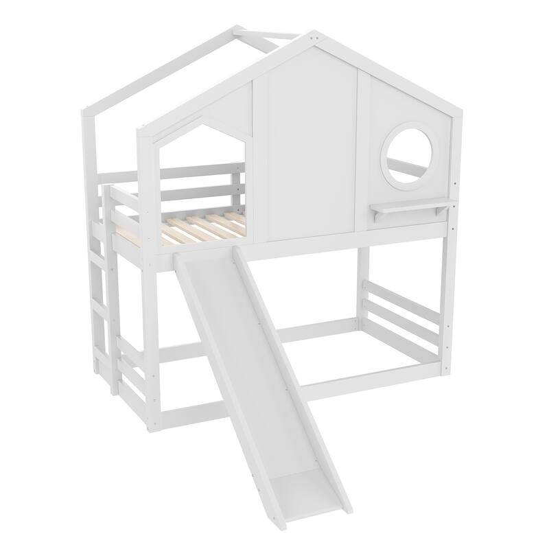 Roomfitters Twin House Bunk Bed with Slide and Storage Shelves, Solid Wood Frame with Window